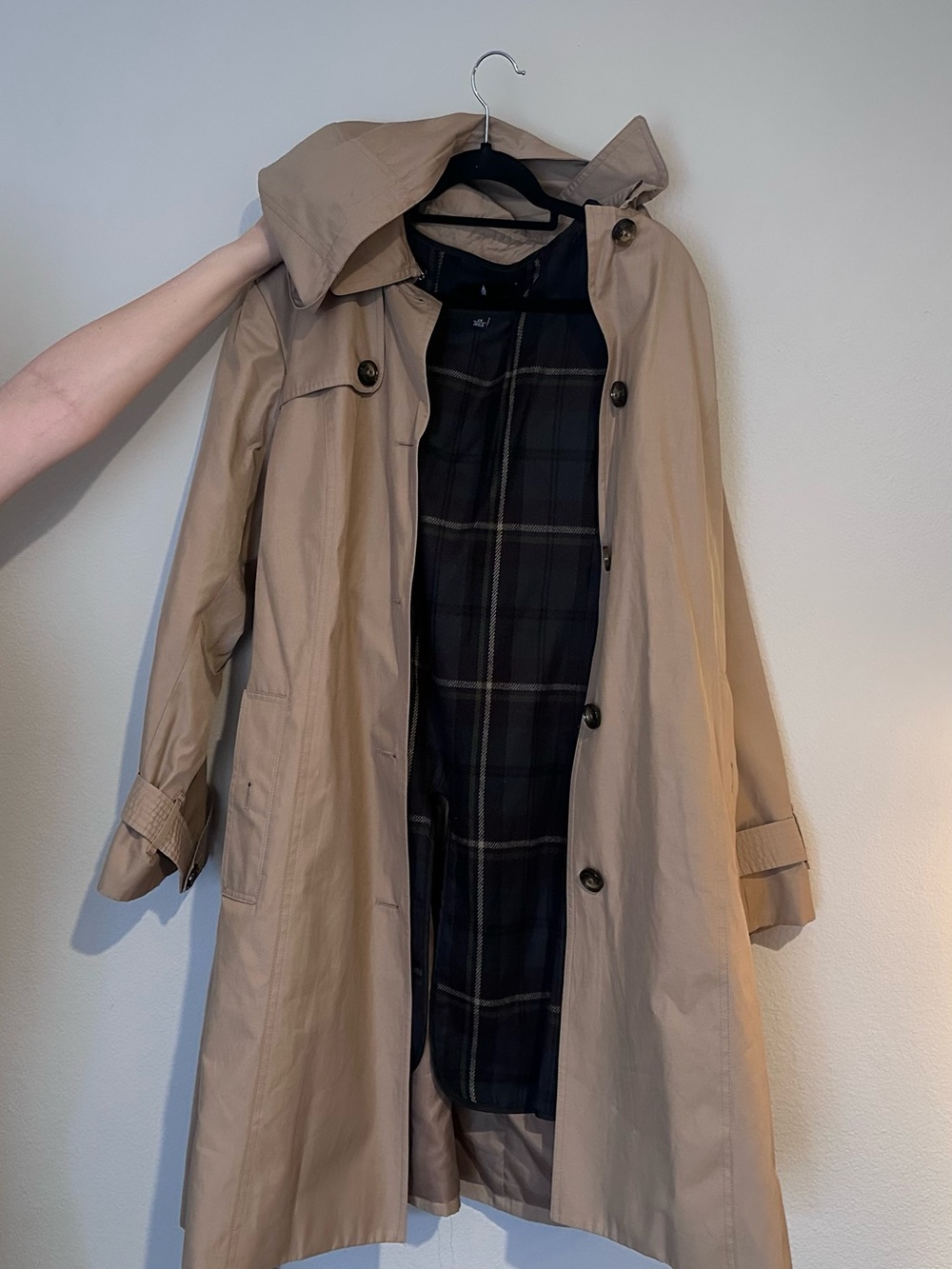 London Fog Beige Trench Coat with Button-In Plaid Lining and Hood 1X
